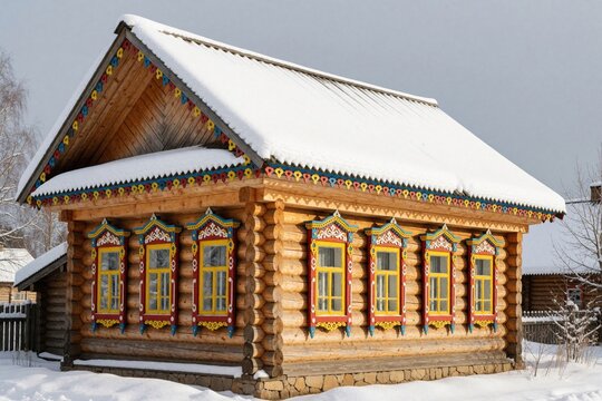 Traditional wooden log house with colorful carved window frames in winter snow. Russian izba style cabin features bright decor, snow covered roof. Rural cottage architecture stands in cold snowy