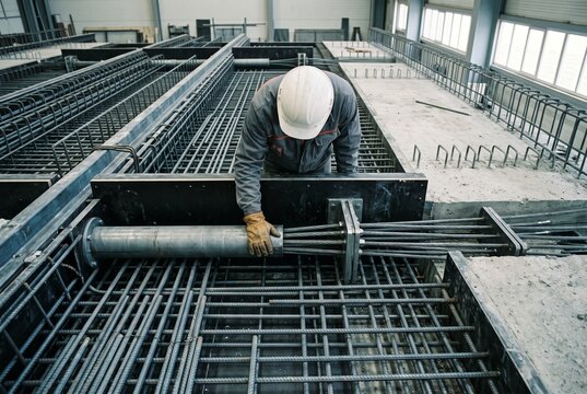 Industrial worker installing pre-stressed steel cables in concrete rebar reinforcement formwork at manufacturing plant