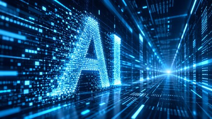 Obraz premium Artificial intelligence digital text glowing in futuristic blue data tunnel network