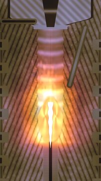 Laser welding keyhole cross section with vapour cavity, molten pool and solidification ripples along a vertical seam in calm heat tones vertical 9:16
