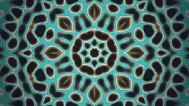 Kaleidoscope mandala mirror symmetric rotating geometric ornament seamless loop in cool teal tones