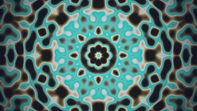 Kaleidoscope mandala mirror symmetric rotating geometric ornament seamless loop in rich teal tones