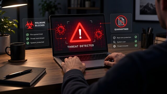 Antivirus software detecting and blocking malware threat on laptop with digital warning interface