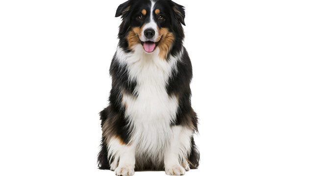 Isolated Australian Shepherd dog sitting attentively above a black bar with leet text