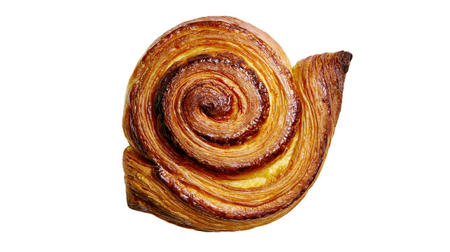 Isolated delicious golden brown spiral pastry, flaky pain aux raisins with sweet cream filling.
