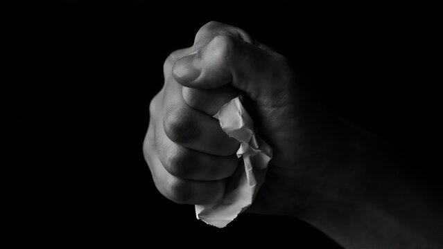 Human fist tightly crushing paper in black and white, stress and frustration concept
