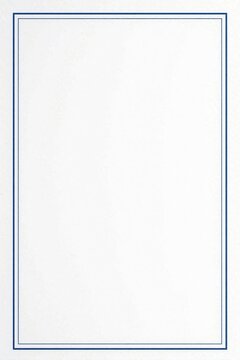 Minimalist white paper background with thin blue border frame. Blank rectangular space for text design. Clean simple layout for certificates, menus, invitations. Modern geometric composition with