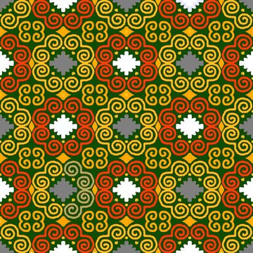 Green red and yellow Hmong ethnic spiral geometric seamless pattern background vector illustration
