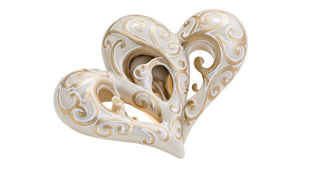 Isolated artistic intertwining heart sculpture featuring gold leaf decoration and elegant curves
