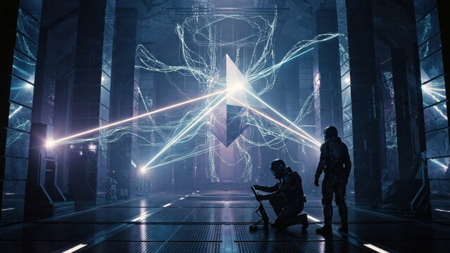 Prism ai engine inside a digital archive vault with mirrored data columns, filament networks, and decoding light beams