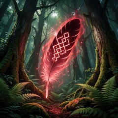 Obraz premium Glowing red feather with white magic rune symbol floats in dark enchanted forest. Mystical light aura shines among mossy trees, ferns. Fantasy concept art shows sacred energy, spiritual power in deep