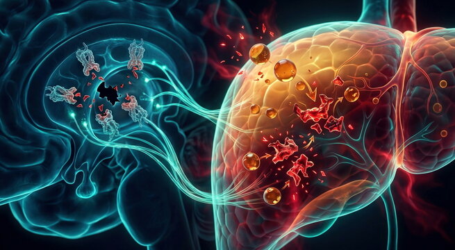 Ethanol metabolism in translucent liver tissue with acetaldehyde fragments, disrupted dopamine receptors, and toxic sparks along the brain liver axis.