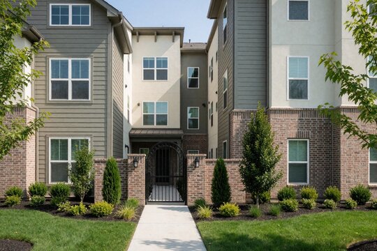 Modern multi family residential building with brick facade, grey siding. New apartment complex features landscaped garden, green lawn, small trees, concrete sidewalk. Luxury urban housing development