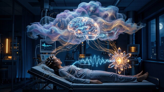 Sleep lab concept with glass brain, REM dream clouds, EEG sensors, breath waves, and machine learning analysis