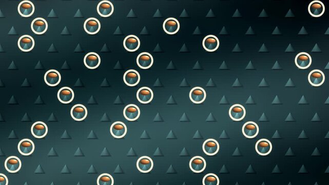 Balls Bouncing Down A Staggered Cone Peg Board With Mechanical Impact Rings, Seamless Loop in cool teal tones
