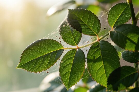 Microscopic spider mites crawl on thin webs between green rose leaves. Tiny pests damage indoor plant foliage in garden. Close up shot shows insect infestation, plant disease on house plant. Small