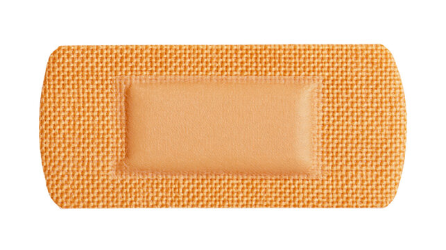 Isolated orange fabric adhesive bandage for minor cuts, scrapes, and wound care protection.