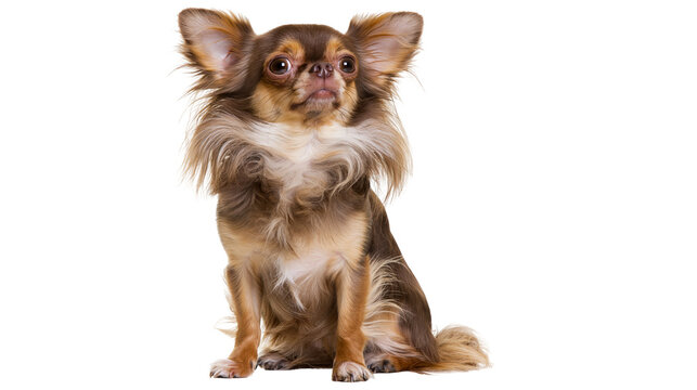 Isolated adorable long-haired chihuahua dog sitting alertly, furry and purebred, looking up curiously
