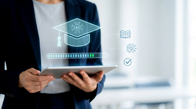 AI learning and digital education skills progress on a tablet, representing intelligent tutoring, online courses, student development, personalized learning, technology, knowledge, and academic growth