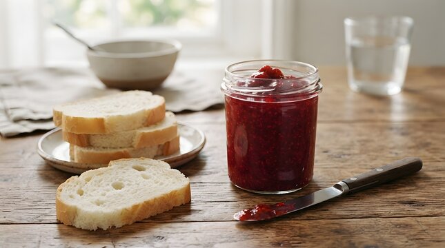 A jar of strawberry jam with slices of white bread and a knife on a wooden table, suggesting a simple breakfast or snack