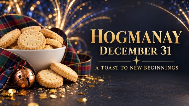Hogmanay festive table with traditional shortbread cookies and night fireworks background
