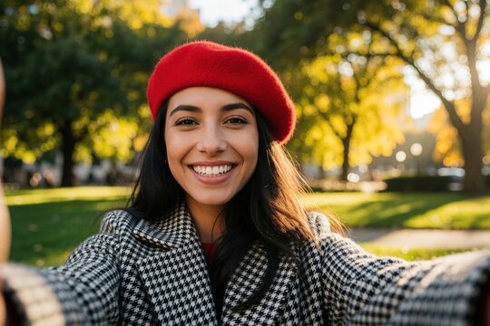 Happy young Hispanic woman takes selfie in city park. Beautiful brunette girl wearing red beret, houndstooth coat smiles at camera. Sunny autumn day outdoors, urban lifestyle, cheerful person