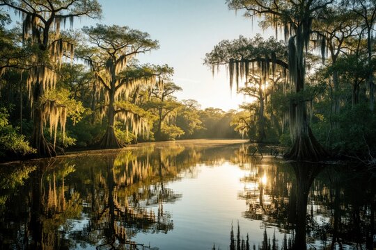 Scenic swamp landscape in Florida with tall cypress trees, Spanish moss. Calm river reflects sunlight, forest trees during golden hour. Tranquil nature scene with water, plants, peaceful atmosphere