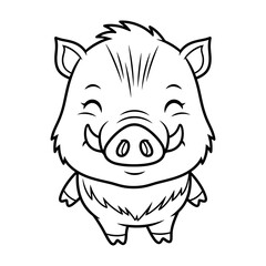 Fototapeta premium Cute cartoon wild boar coloring book jungle animal illustration. Black and white outline vector of a happy baby warthog for kids coloring page.