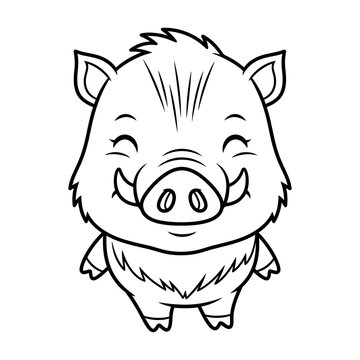 Cute cartoon wild boar coloring book jungle animal illustration. Black and white outline vector of a happy baby warthog for kids coloring page.