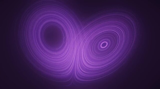Chaotic Strange Attractor Light Trails Flowing Through Rotating 3D Phase Space seamless loop in vibrant orchid tones