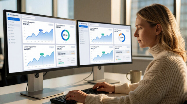 Female L, D manager works on microlearning platform using dual monitor setup. Professional admin analyzes learner engagement graphs, data metrics on dashboard. Woman manages corporate training