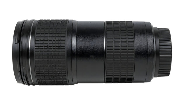 Side straight view of a professional camera zoom lens with detailed focus rings and textured grip, for high quality photography equipment design and marketing projects.