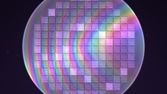 Semiconductor silicon wafer with microchip die grid rotating under inspection light with iridescent rainbow diffraction, seamless loop in cool graphite tones