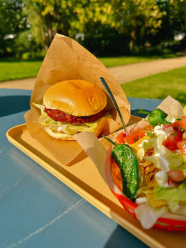 Veganes Streetfood mit Burger und Loaded Fries im Park