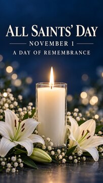 All Saints Day white pillar glass candle and white lilies floral arrangement