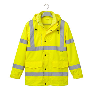 Bright yellow high visibility hooded jacket with reflective stripes and multiple pockets for safety and workwear PNG Isolated on transparent background