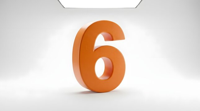 Bright Orange Number Six Digit Isolated on a White Studio Background.