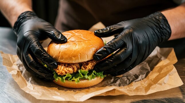 Fast food worker in black gloves prepares chicken burger. Employee wraps tasty fried chicken sandwich with lettuce on brown paper. Staff member makes delicious meal for delivery takeout at modern
