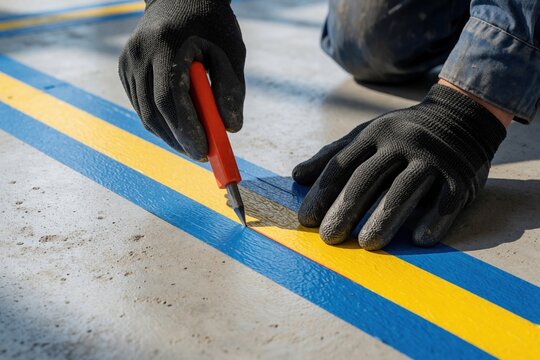 Construction worker wearing black gloves marks blue, yellow lines on concrete floor. Male laborer uses red marking tool for precise layout planning. Industrial worker kneels to trace taped floor