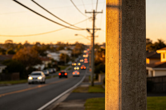 A close-up of a concrete utility pole at sunset, with a blurred suburban street and car headlights in the background during golden hour.