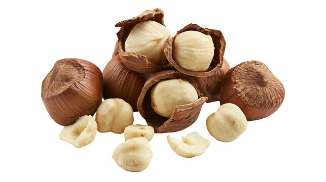 Isolated group of fresh hazelnuts, some shelled and some still in their natural brown shell.