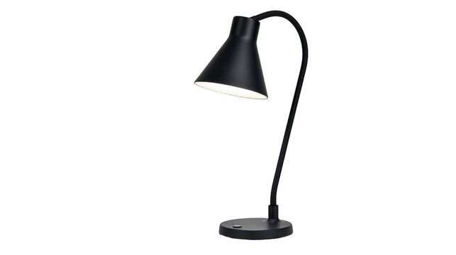 Isolated black flexible metal modern desk lamp with round base and text k (624).