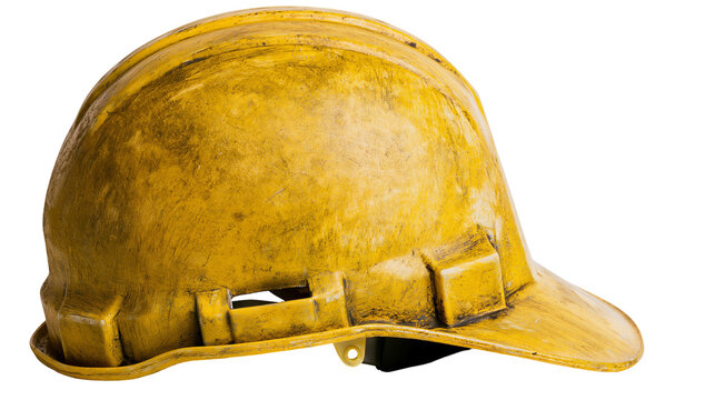 Isolated old dirty yellow hard hat, essential personal protective equipment for construction