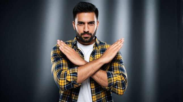 Serious man in yellow plaid flannel shirt makes X sign with arms. Adult male uses hands to show stop, reject deny something. Stern person poses in studio with gray background to express prohibition,