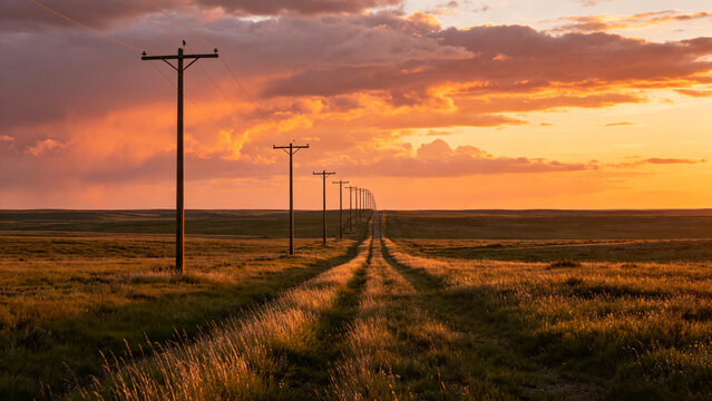 A line of wooden utility poles recedes into the distance across a vast grassy prairie under a vibrant orange and purple sunset sky.