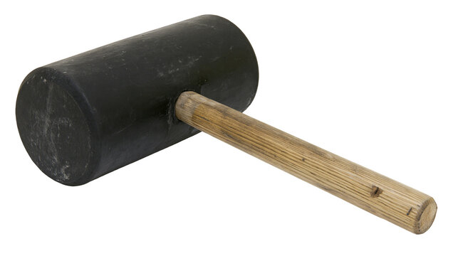 Isolated black rubber mallet with a wooden handle, heavy-duty tool for construction