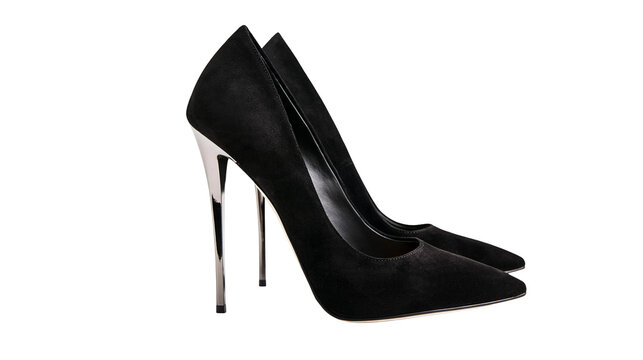 Isolated elegant black suede pointed toe high heels with shiny silver stiletto heels.