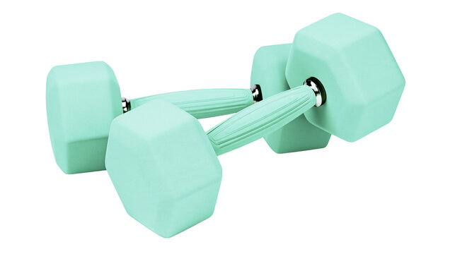 Isolated pair of vibrant mint green dumbbells for fitness workouts and strength training equipment.