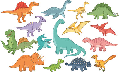 Cute cartoon dinosaurs vector set with funny prehistoric animals T-Rex triceratops brachiosaurus pterodactyl isolated on white background, © BULU