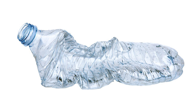 Isolated empty crumpled plastic drinking water bottle waste and recycling concept